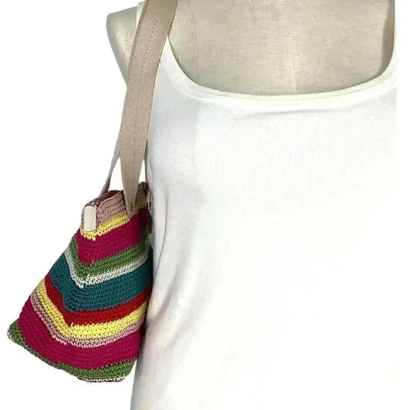 The Sak Mendocino Stripe Crochet Small Double Strap Zip Top Tote Vegan NEW Multi - Picture 3 of 11